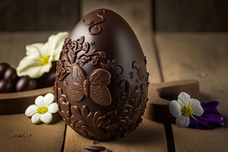 Easter chocolate egg with filling and a wooden backdrop. selective attention. Generative AIの素材