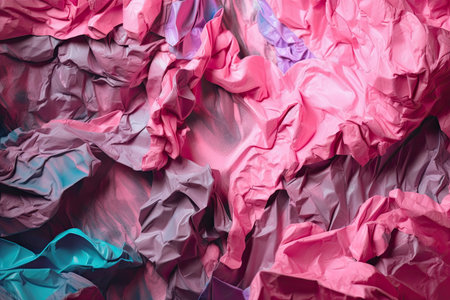 Crumpled pink thin design paper with glitch effect. Rgb shift. Flat lay background. Gift wrap. Generative AIの素材
