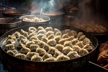Chinese specialty steamed dumplings are sold at a street food stand in Beijing, China. Generative AIの素材