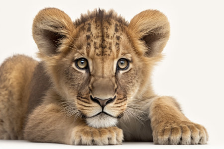Looking ahead while lying down, a young African lion cub. Alone on White. Generative AIの素材