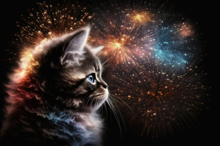 In the shadows, a cat can be seen. kitten in small over background of fireworks. Concept of animals, mammals, and animals day. Generative AIの素材