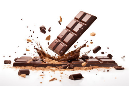 Chocolate bar with flying bits, vertical position, isolated on a white background. Generative AIの素材