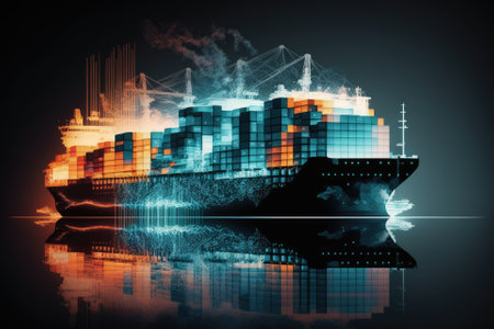 Distributed global business networks and technology Modern Futuristic Transportation, Double Exposure of Freight Ships, Digital Future of Cargo Containers, Logistics Transport Concept. Generative AIの素材