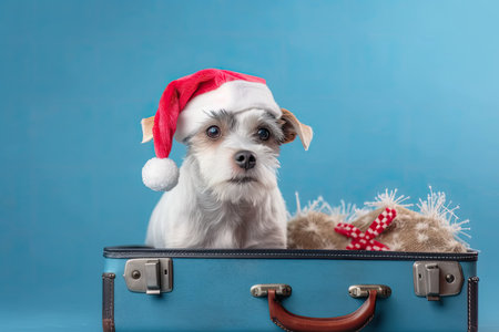 Cute dog with a suitcase and a Santa hat on a light blue backdrop with room for text. Concept for a Christmas getaway. Generative AIの素材