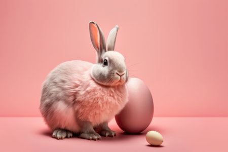 Easter bunny rabbit on a pink background holding a painted egg in pink. holiday concept for Easter. Generative AIの素材