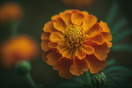 On a sunny day, a macro photographer captured orange marigold blooms on a green background. A close up shot of a blooming tagetes flower in the summer with yellow petals. Generative AIの素材