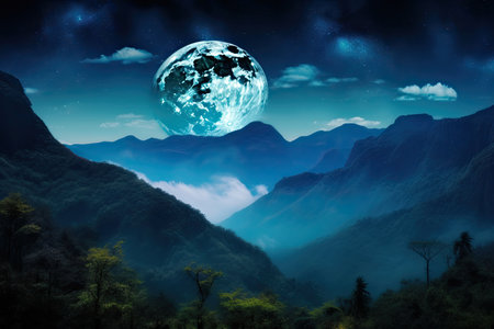 Beautiful landscape with mountains silhouetted in blue mist against a super blue moon, with NASA provided elements. Generative AIの素材
