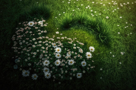 Grassy ground with daisies visible from above. Generative AIの素材