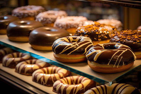 Fresh doughnuts with chocolate are on display in the bakery in honor of Hanukkah. selective attention. Generative AIの素材