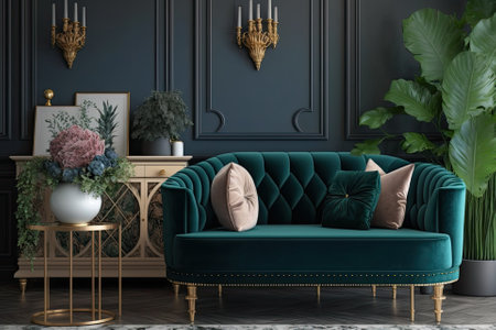 Luxury interior with stylish velvet sofa, wooden commode, pouf, plants, carpet, gold decoration, copy space and elegant personal accessories. Modern living room in classic house. Template. Generative AIの素材