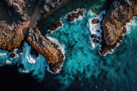 Drone shot aerial image of a slide turning on a view of the calm, aquamarine sea and lava rocks. Sea surface and rocky shore pattern. Greek Thracian Sea Coast of the peninsula is rocky. Generative AIの素材