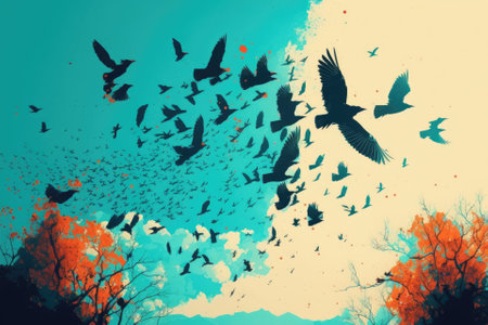 Flock of birds in sky on sunny day. Generative AIの素材