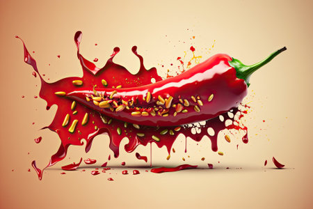 Red chili pepper with splashes and cuts on a plain colored background. Generative AIの素材