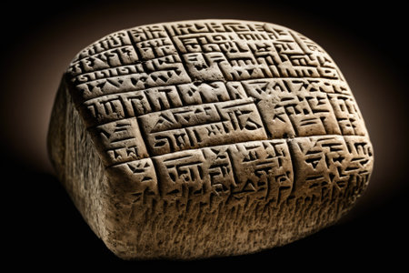 Cuneiform inscribed ancient sumerian (urartian) writings on a rock. Generative AIの素材