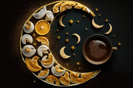 Muslim Ramadan Kareem with bread, water, and dates arranged in the shape of a crescent moon on a black background. Food for Iftar or an Iftar party theme. Generative AIの素材