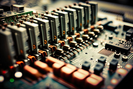 Image with tones and blurry details of an electronic board up close in a hardware repair business. Shallow DOF, centering on the left center field. Generative AIの素材