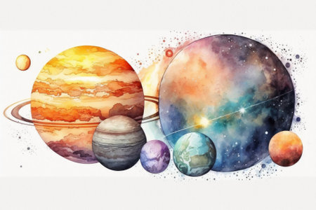 Solar system planets in watercolor. universe planet Mercury Mars, Venus, Jupiter, and Saturn Neptune Uranus Sun holding Pluto on a white background. astronomy textbooks on our galaxy. Generative AIの素材