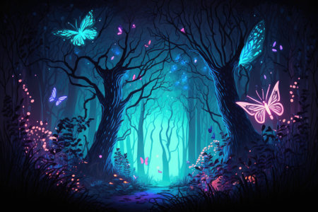 Forest of the fairies. Nighttime forest scene illuminated by magic. Illustration of an abstract woodland, enchantment, fantasy, night, lights, and neon. Generative AIの素材