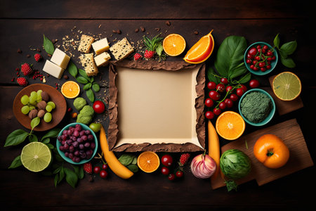 Healthy food on wooden table. Copyspace background. Top view. Generative AIの素材
