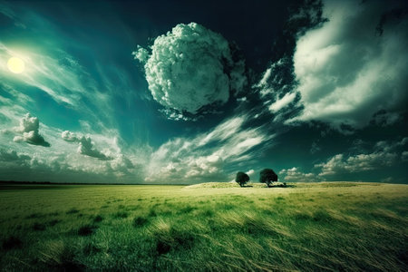 Grassy field and flawless sky. Generative AIの素材