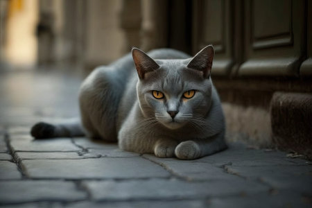 Leaning and glancing at the camera while lying on the cement floor was a gray cat. Generative AIの素材