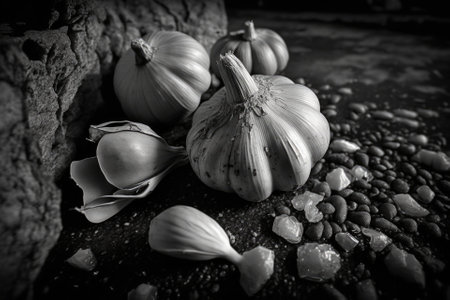 Garlic harvest, heads on gray concrete. Macro photography, a rural scene in the fall, and a dark image. Images and backgrounds of autumn. Generative AIの素材