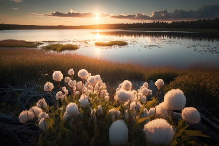Karelian scenery in summer. At dusk, cotton grass blooms in the Karelian swamp. Sunlight shining through the grass. Generative AIの素材