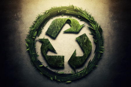Recycling symbol made of grass. background with green grunge. Concept of processing, reducing, and recycling. Generative AIの素材