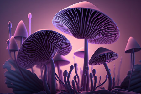 Light and shadow contrast in an abstract background with pastel purple wild magic mushroom caps and gills. Generative AIの素材