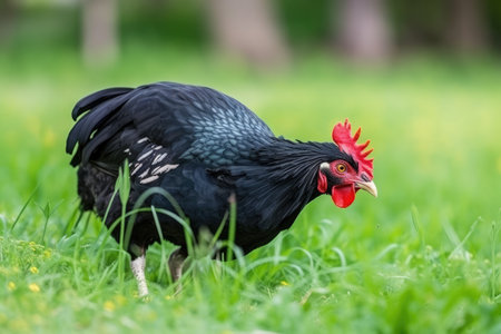 Portrait of the black orpington chicken hen on the grass hen nibbling on the green grass in the garden gallus domesticus bird feeding at the farm wood fence, red comb, free. Generative AIの素材