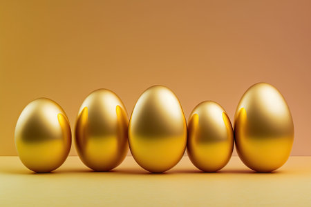 Golden Easter eggs arranged in a row on a yellow background. Background or idea for Easter. Generative AIの素材