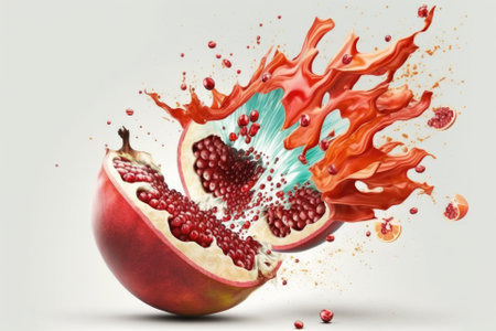 Isolated, flying pomegranate on a white background. Pomegranate slices in half flying in the air. eruption of pomegranate fruits. Generative AIの素材