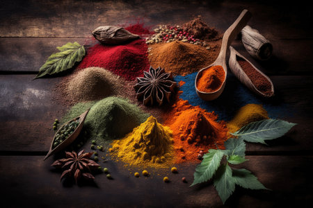 Spices in various colors on an aged wooden table. Generative AIの素材