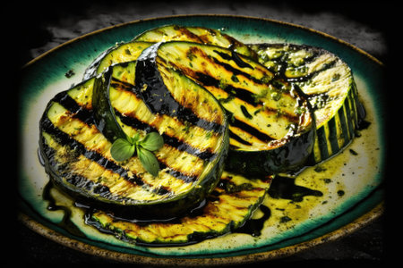 Slices of grilled zucchini provide as a lovely gastronomic backdrop. Generative AIの素材
