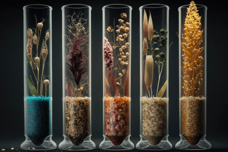 Specimen plant seeds in test tubes. Laboratory research analyzing agricultural grains and seeds. Generative AIの素材