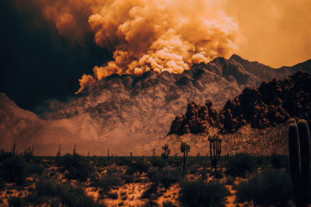 Tucson, AZ, USA June 23, 2020 Photo of the Bighorn Fire in the Catalina Mountains, north of Tucson, Arizona. The wildfire began with a lightning strike and has burned 70,000 acres. Generative AIの素材