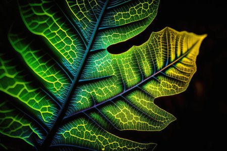 Up close Beautiful neon lit abstract leaf. Concept of modern minimalism. Design background pattern macro photography perspective. Generative AIの素材