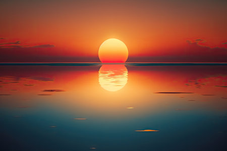 On a clear summer evening, the sun sets with an orange horizon and a light blue sky and water. Generative AIの素材