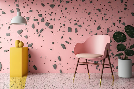 Terrazzo walls and floors, marble and stone, and an abstract background. Terrazzo flooring in vibrant pink with a cement backdrop, wallpaper made of this material, and contemporary home decor. Generative AIの素材
