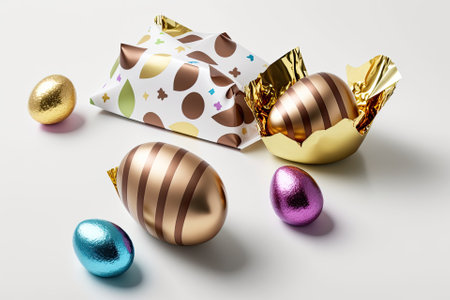 White backdrop with an illustration of chocolate Easter eggs wrapped in colorful foil. Generative AIの素材