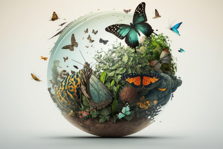 World Wildlife Day or Earth Day idea. Save the environment, safeguard wildlife, and promote biological diversity are the main themes. With a globe in , a pack of wild creatures and a swarm of butterfl. Generative AIの素材