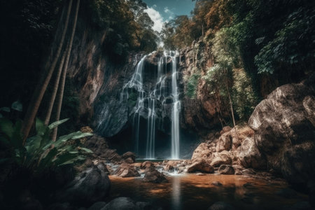 Ton Nga Chang Waterfall in Songkhla, Thailand, features a forest and a waterfall. Famous tourist destinations, a natural outdoor jungle landscape, and tourist attractions. Generative AIの素材