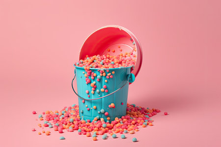 creative thought Layout of a blue paint bucket and floating roller painted corn on a pink background. small scale food concept Ideas that are creatively produced for use in marketing and advertising c. Generative AIの素材