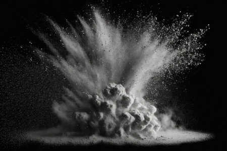 White particles moving slowly against a dark background. explosion of powder. textured layer of abstract dust. Generative AIの素材