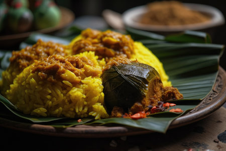 Pulut kuning, a traditional Malay dish with rendang, and focused attention. Generative AIの素材