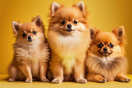 Pomeranian spitz and chihuahua puppies in a portrait pose. Little dogs with smiles laying on a fashionable bright yellow background. There is no text here. Generative AIの素材