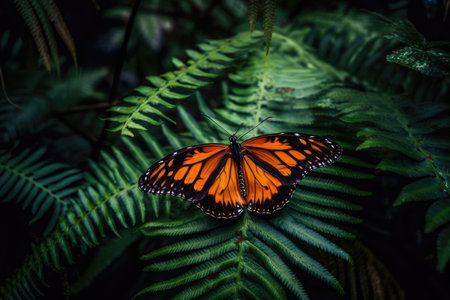 a vibrant tropical backdrop Monarch butterfly in brilliant orange on fern fronds in green. Generative AIの素材