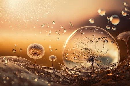 Pale, organic background. Butterfly and dandelion morphs. Dandelion flower seeds in water drops against a sunrise background. Insert spaces. Generative AIの素材