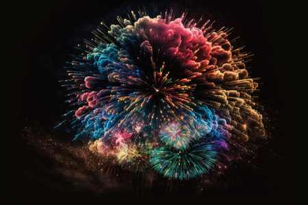 Variously colored fireworks explode against a pitch black sky. Generative AIの素材