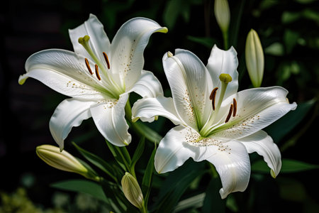 Macro image of two white blooms on a summer day. Close up garden photos of a lovely flower with white petals. Wallpaper with lilies and a green backdrop. Generative AIの素材